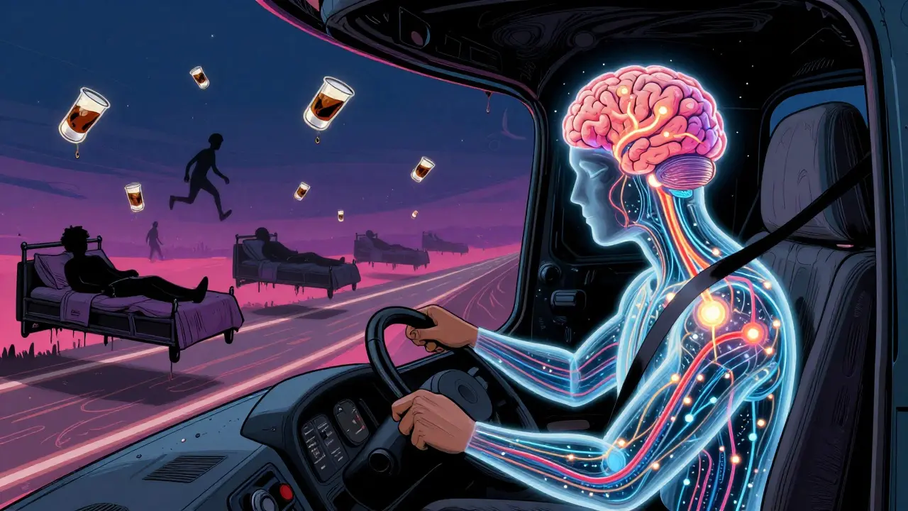A truck driver with a glowing brain, battling sleepiness while shadowy sleepwalkers drift behind him.