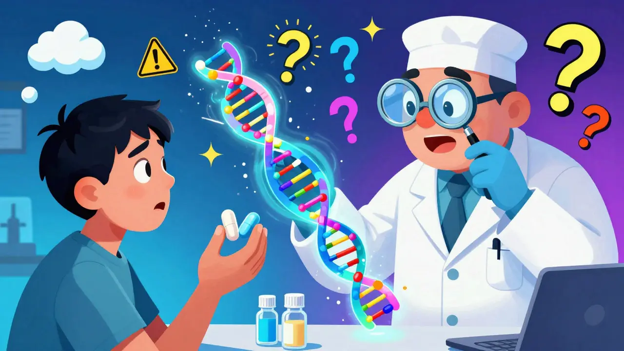 A whimsical pharmacist examining a glowing DNA strand while a patient holds two different generic pills.