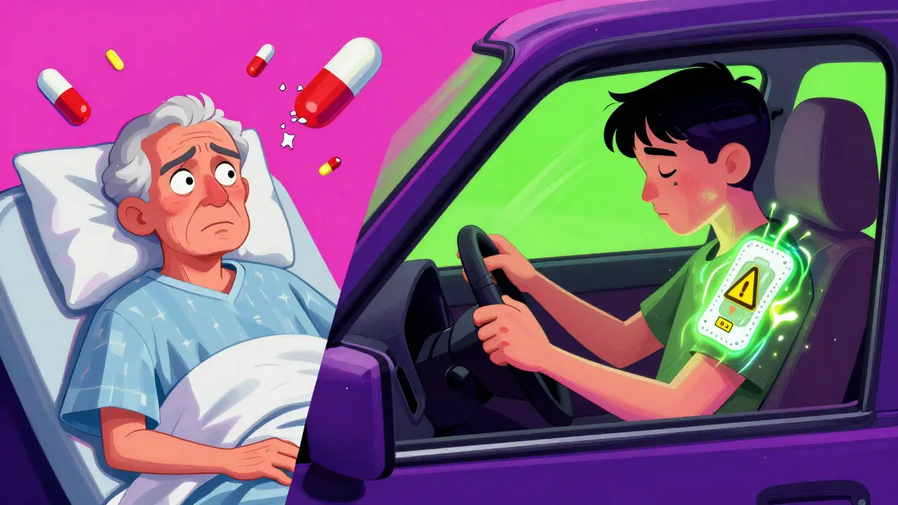 An elderly person confused in a hospital and a driver falling asleep at the wheel, both connected to a pulsing scopolamine patch in vivid psychedelic colors.