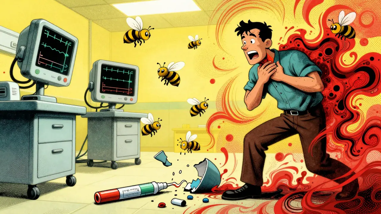 An EpiPen breaks as bees turn into flatlining monitors in a chaotic emergency room.