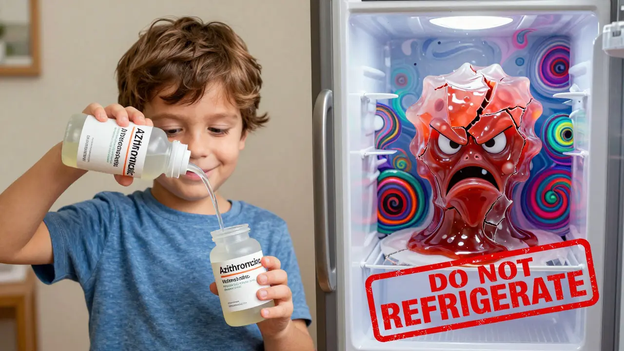 Child taking liquid medicine at room temperature vs. thick frozen version in fridge, vibrant cartoon style