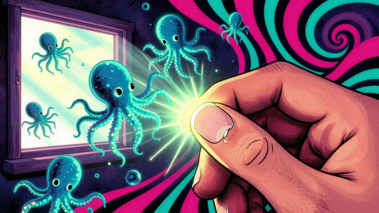 Close-up of a nail lifting from the skin, surrounded by glowing tetracycline molecules and UV light beams.