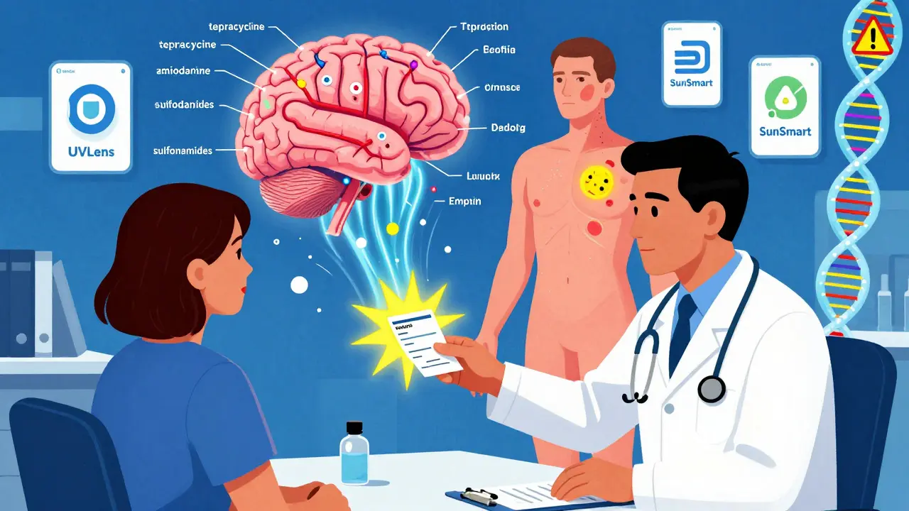 Doctor giving prescription that becomes sunburst, brain emitting UVA waves triggering rashes on silhouette.