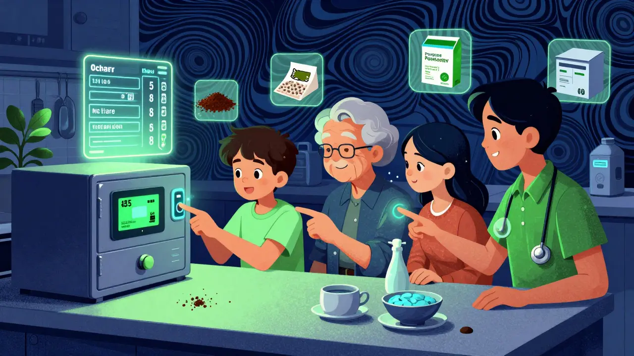 Family uses smart medicine safe with holographic expiration and temp alerts, floating disposal icons.