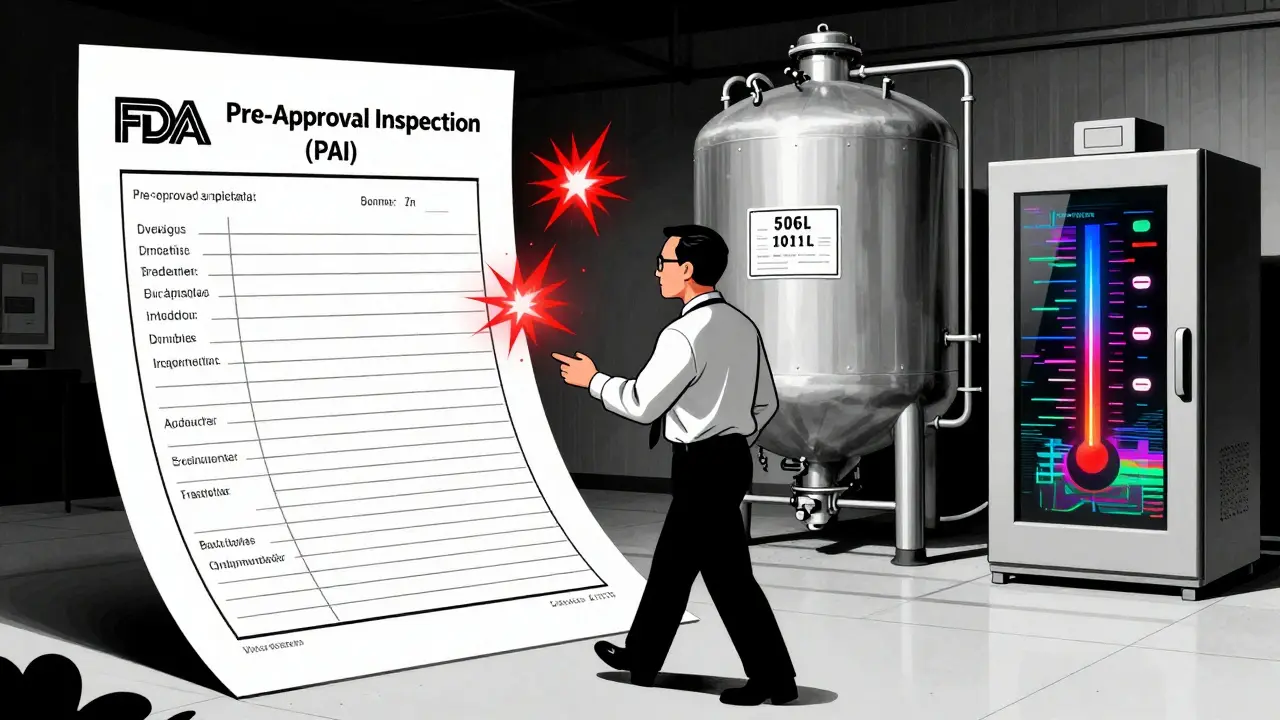 FDA investigator compares application reactor to real tank, with mismatched data glowing in warning sparks.