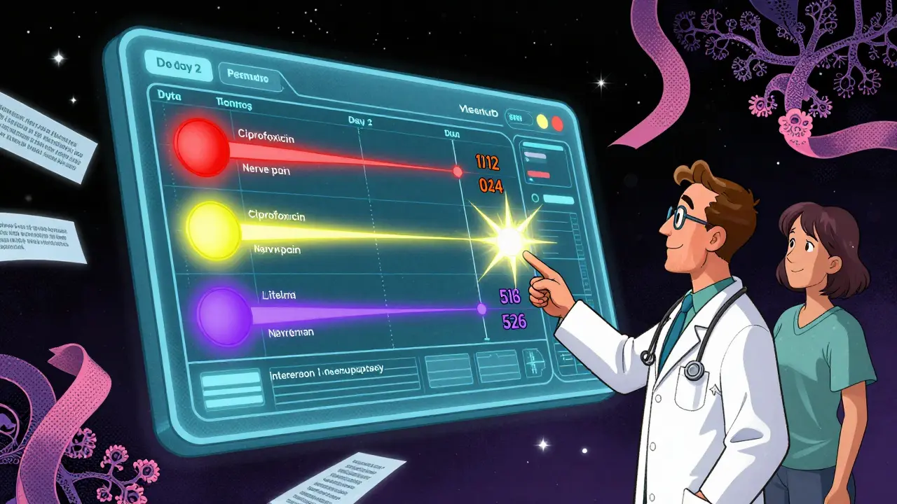 Floating EHR screen with time-based alert pulses for drug side effects, glowing at days 2, 42, and 526, surrounded by data ribbons.