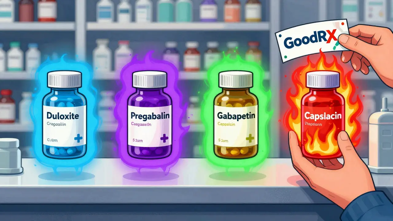 Four colorful pill bottles and a coupon floating above a pharmacy counter in vibrant, swirling comic art.