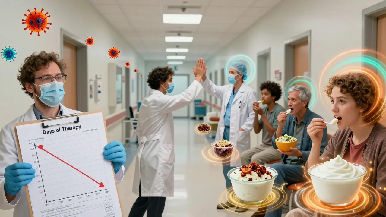 Hospital staff celebrate declining antibiotic use as healing foods and AI suggestions glow around them.