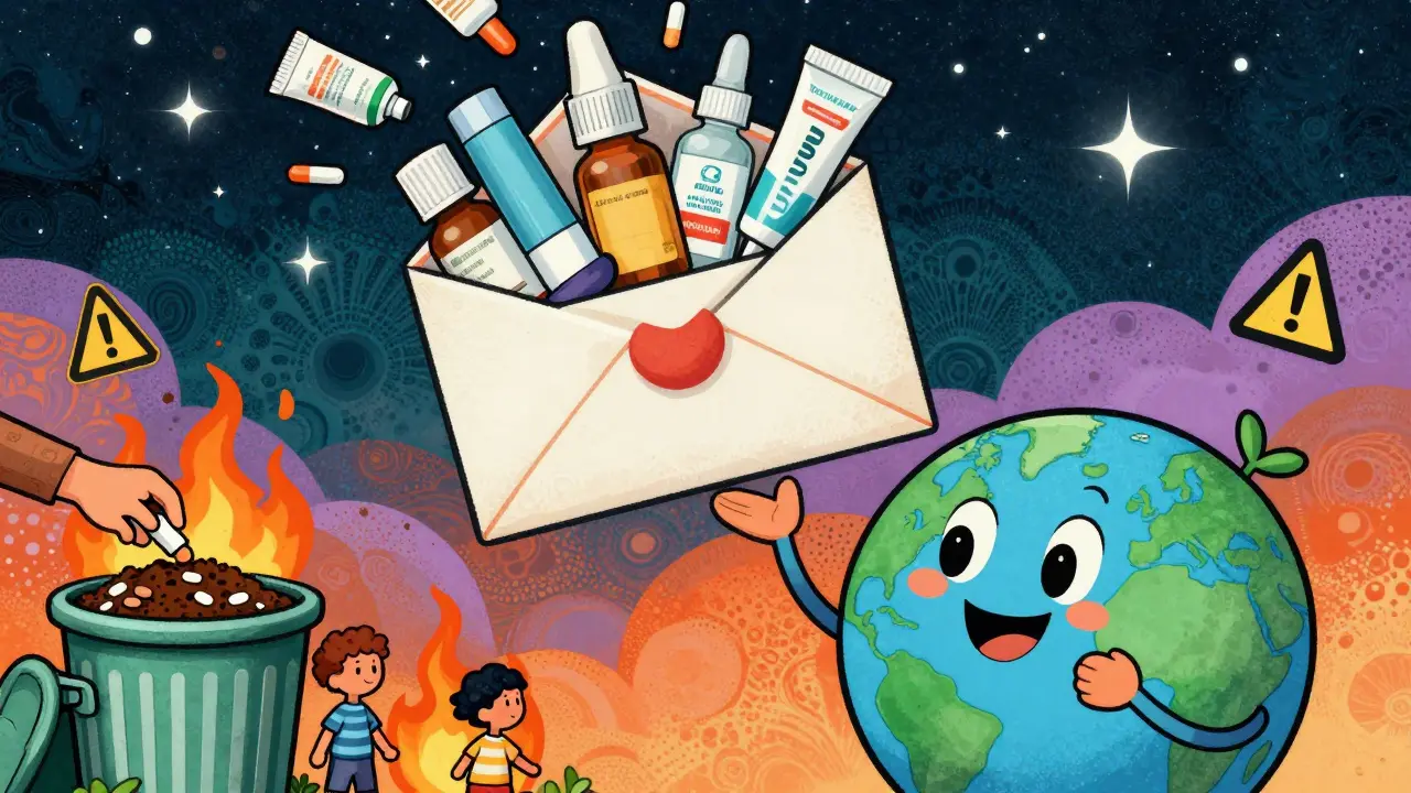 Mail-back envelope carrying expired meds to a safe disposal site, family properly disposing of them in trash.