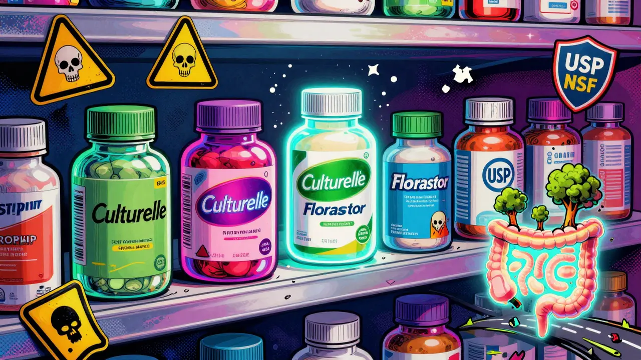 Neon probiotic bottles glowing on a pharmacy shelf, with warning symbols and rebuilding gut landscape.