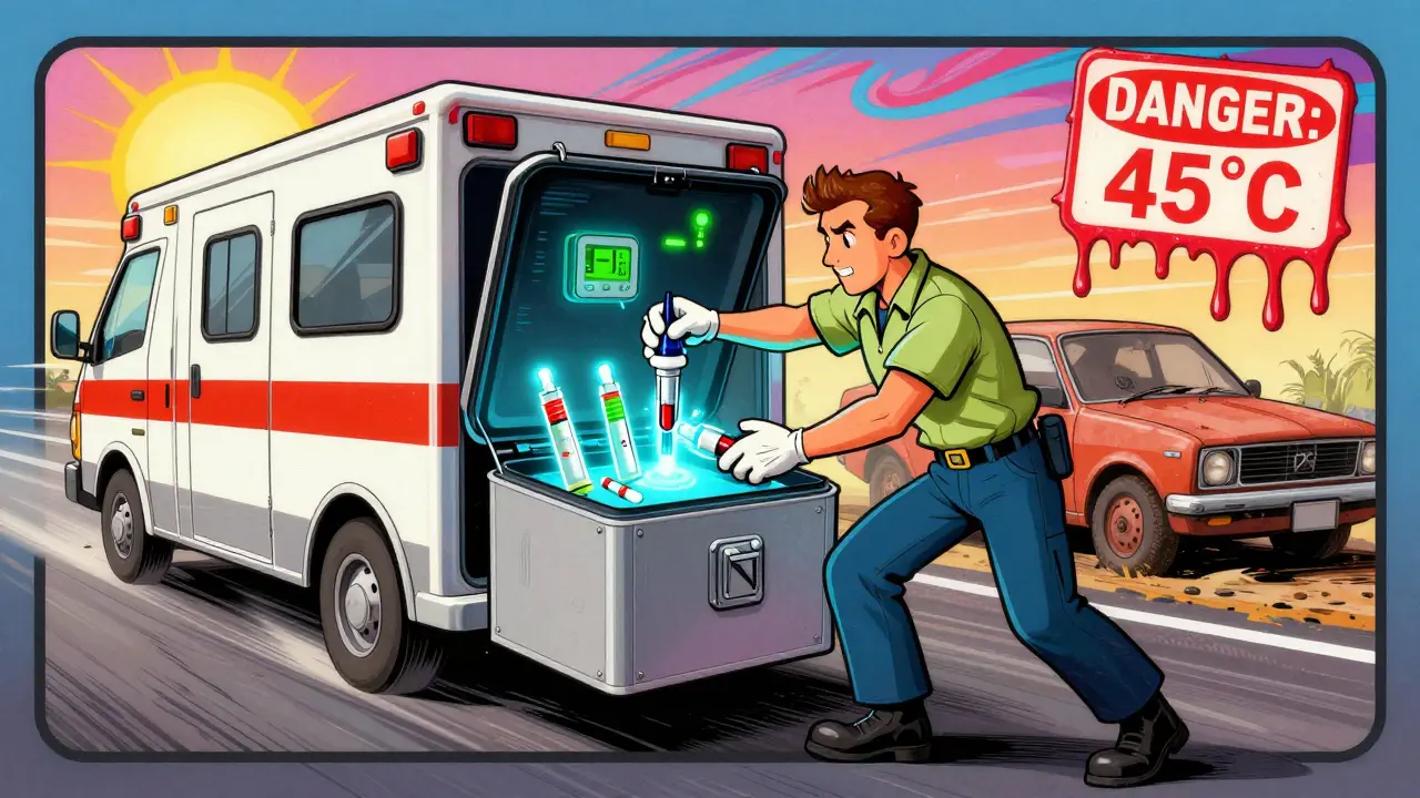 Paramedic opens biometric lockbox in ambulance, temperature monitor glowing green, hot car outside.