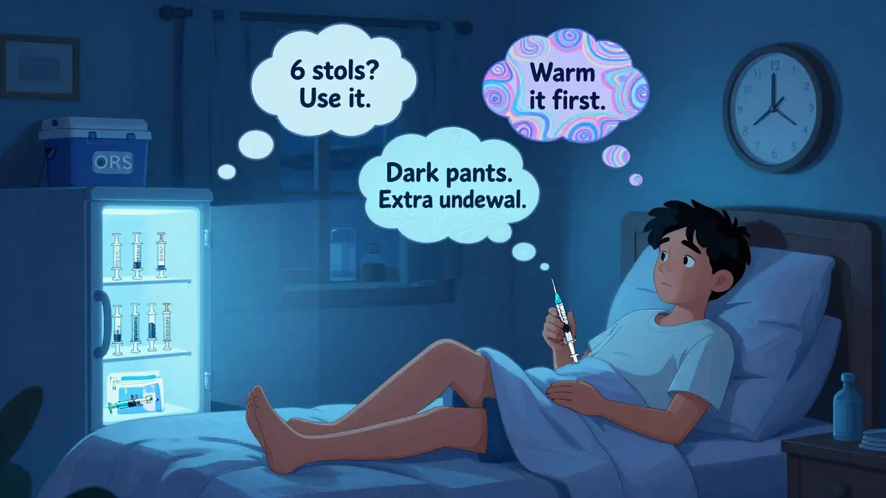 Patient injecting octreotide at night with pre-filled syringes and ORS cooler glowing in moonlight.