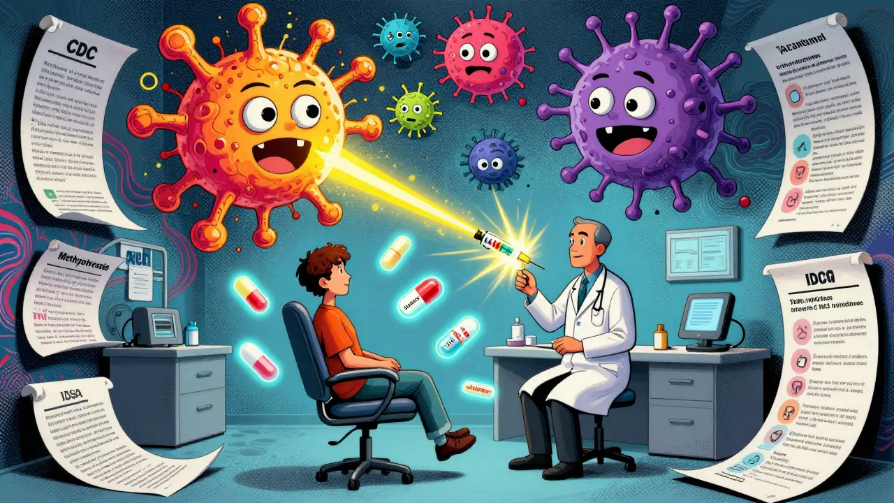Patient surrounded by floating medications and animated immune cells responding to a vaccine beam in a psychedelic doctor's office.