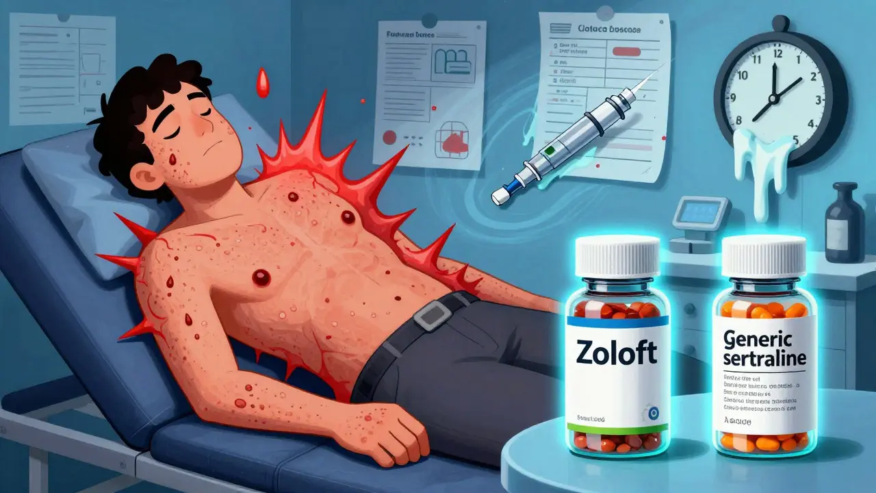 Patient with exploding hives beside two contrasting pill bottles, one branded, one generic, in vivid psychedelic style.