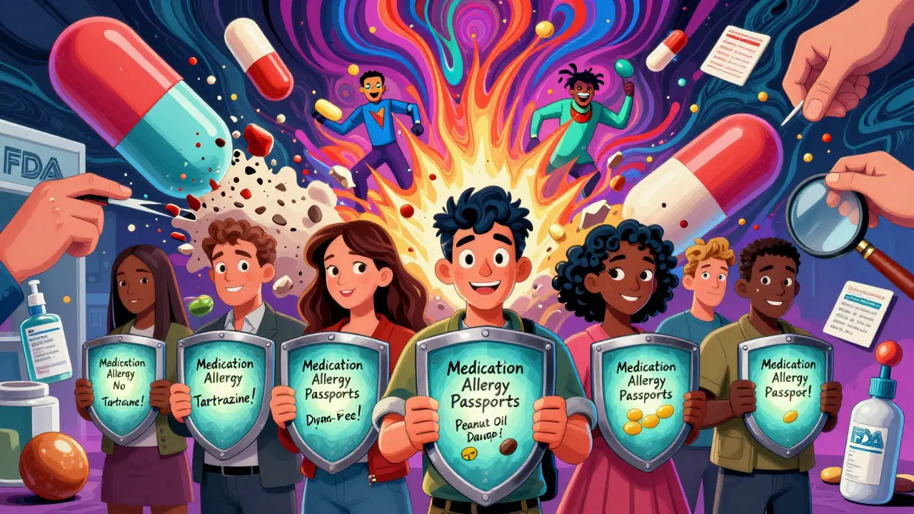 People holding allergy passports as safe medication alternatives emerge from crumbling generic pills in vibrant op-art style.