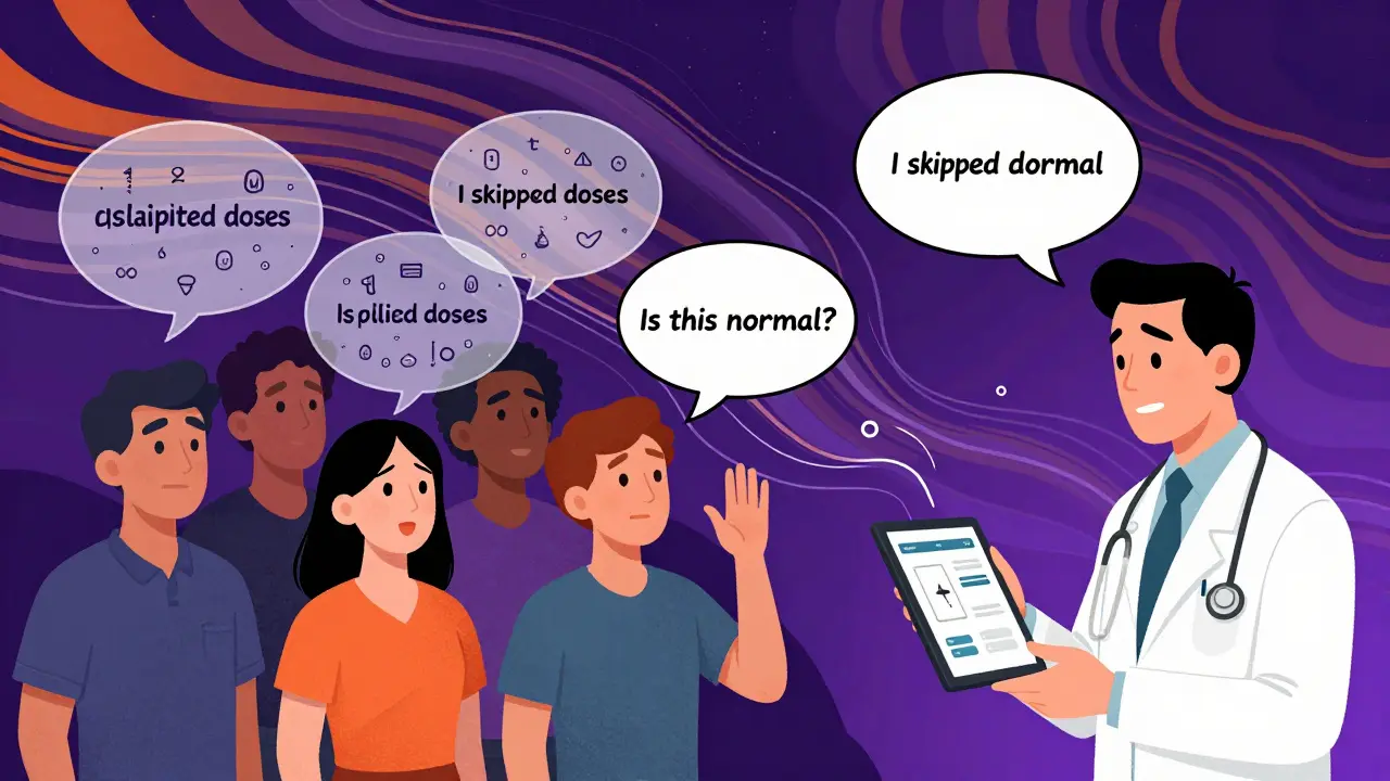 People speaking medical concerns as symbols dissolve into calm patterns while a doctor reviews a digital summary.