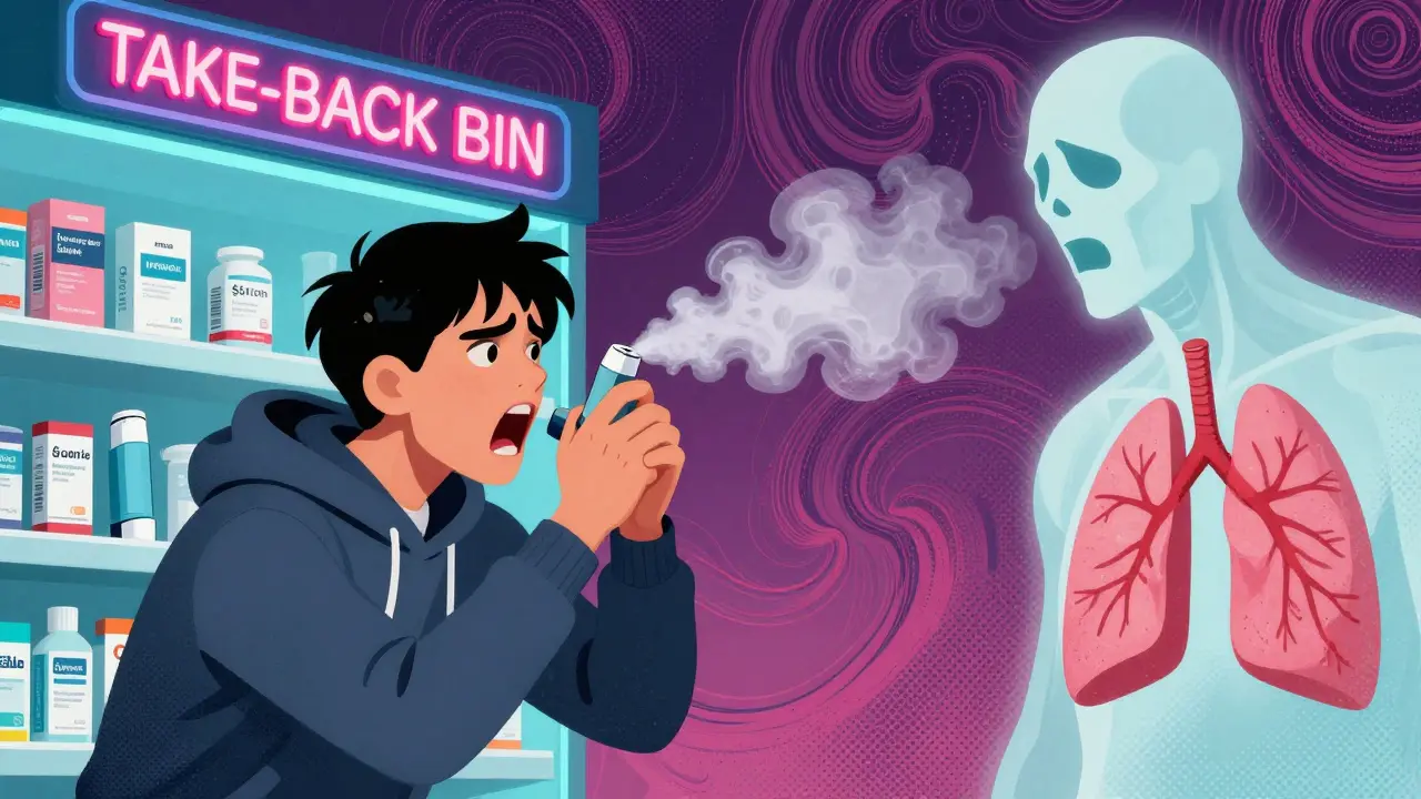 Person struggling to use an expired inhaler during an asthma attack, with a glowing generic alternative nearby.