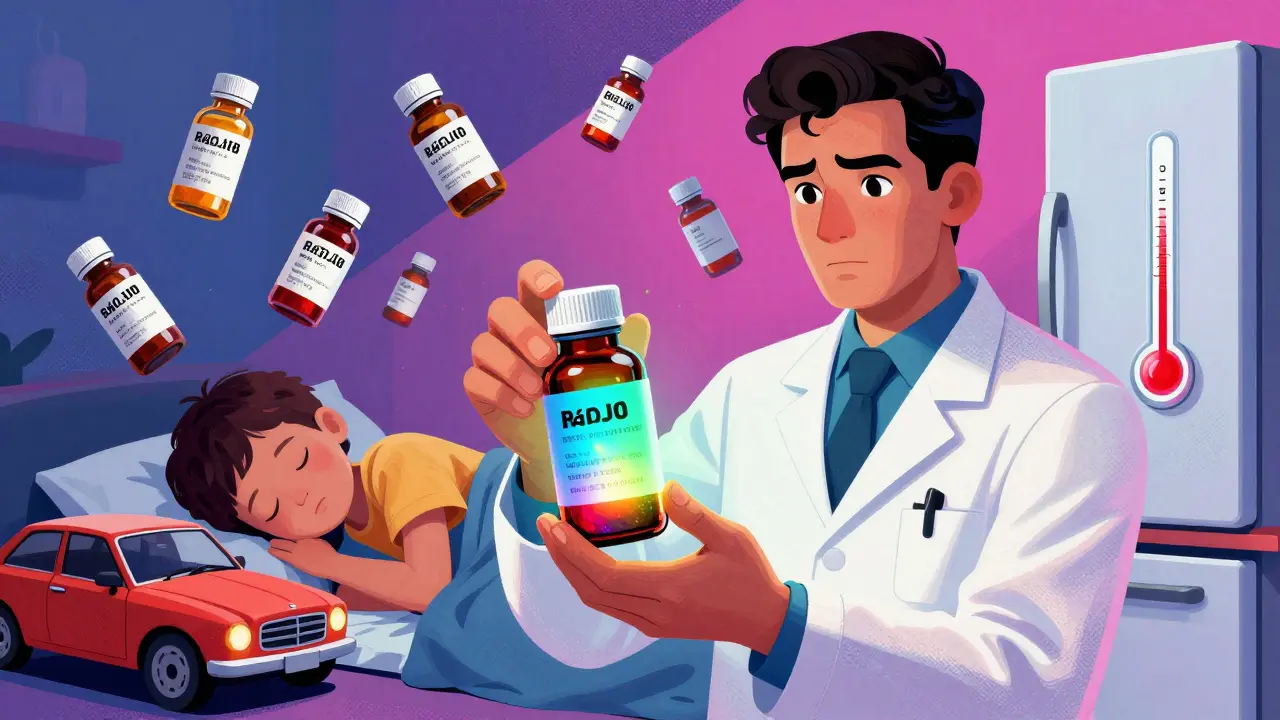Pharmacist giving bottle with color-changing label, floating expired meds and temperature icons, psychedelic art