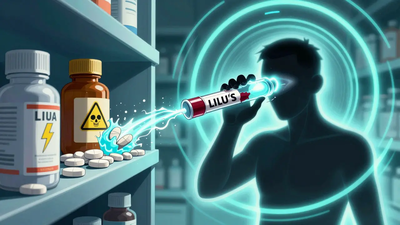 Pharmacy shelf with exploding lithium-interacting drugs, blood test spilling into a trembling human silhouette.