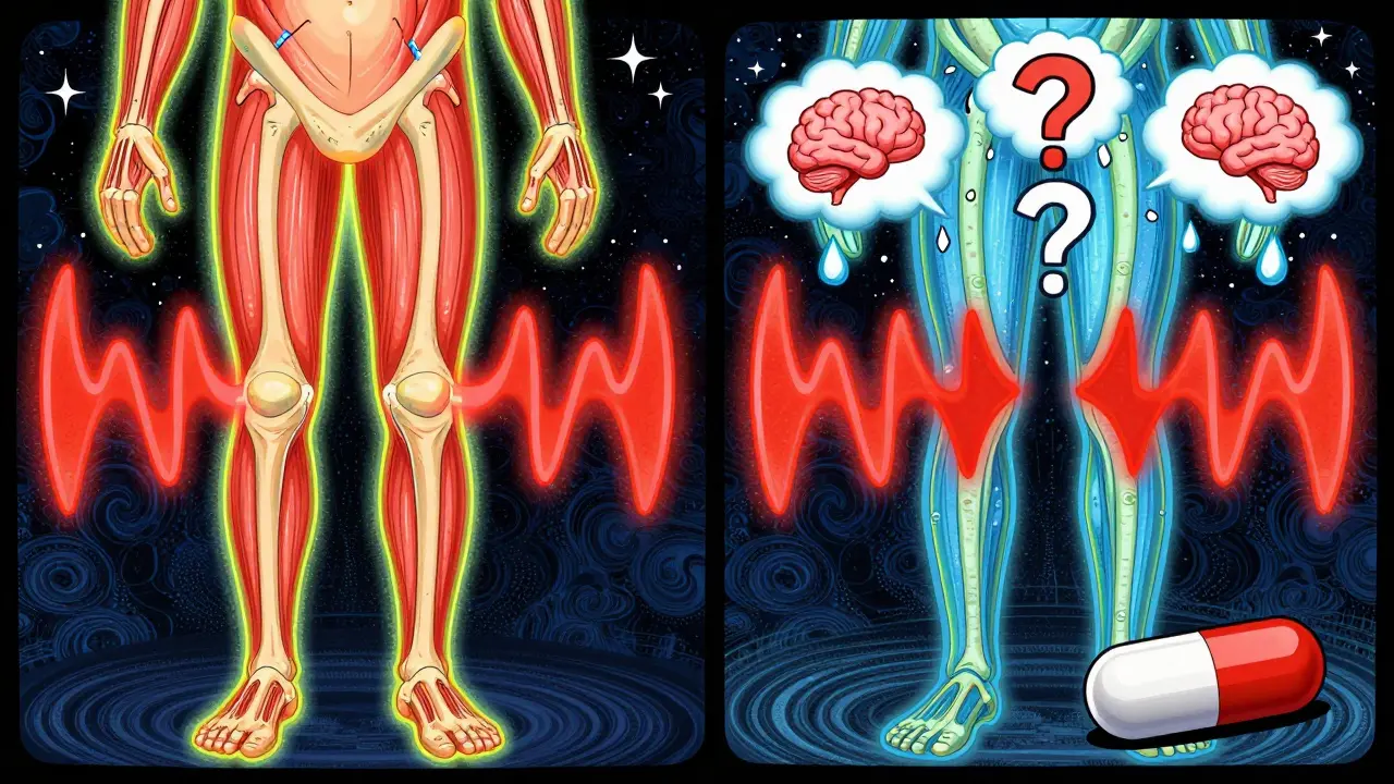 Split-body illustration with statin and placebo causing identical muscle pain waves, revealing the nocebo effect through glowing patterns.