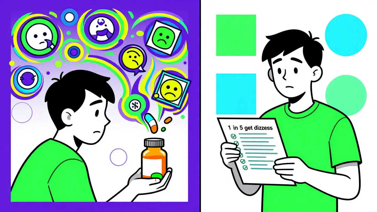 Split image: chaotic floating side effect icons vs. clear percentages and checklist on a handout.