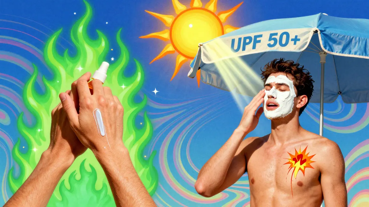 Split scene: toxic sunscreen on one side, protective zinc oxide and UPF fabric on the other, with sun rays causing pain.