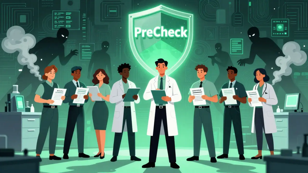 Staff stand together with flawless records as corrupted data vanishes, under a glowing PreCheck shield.