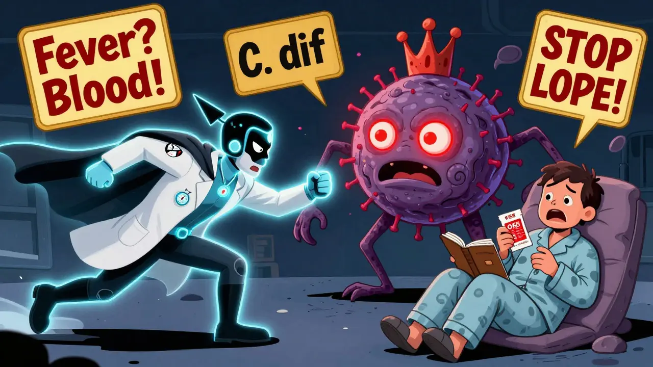 Superhero loperamide battling C. diff monster while patient holds hydration packet and diary.