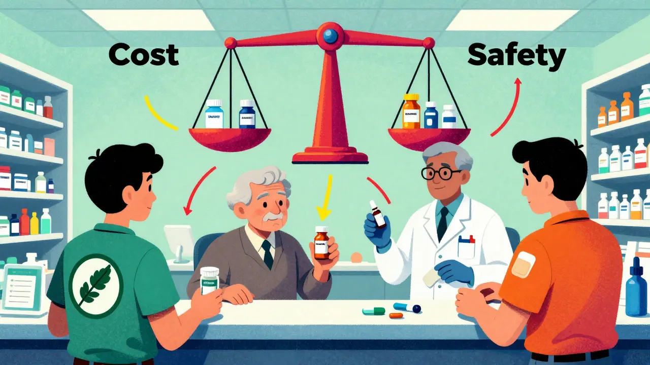 Three patients receiving authorized generics, with a scale balancing cost and safety above them in psychedelic style.