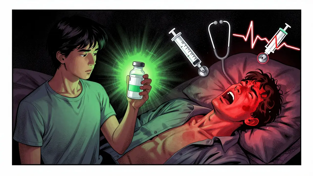 Two contrasting figures reacting to penicillin — one calm, one in distress — with vibrating medical icons and distorted colors.