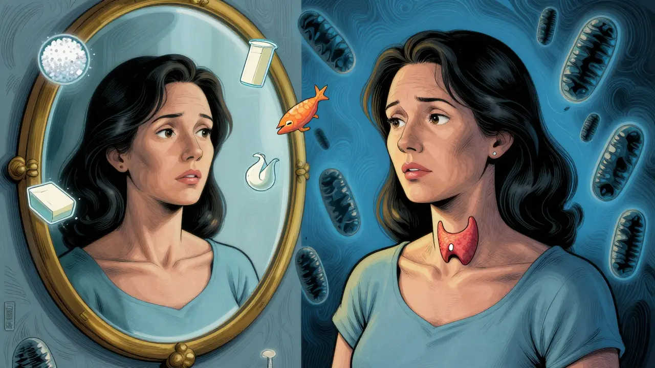 Woman with a neck bulge in a mirror, contrasted with a healed version beside her, surrounded by food symbols of iodine sources.