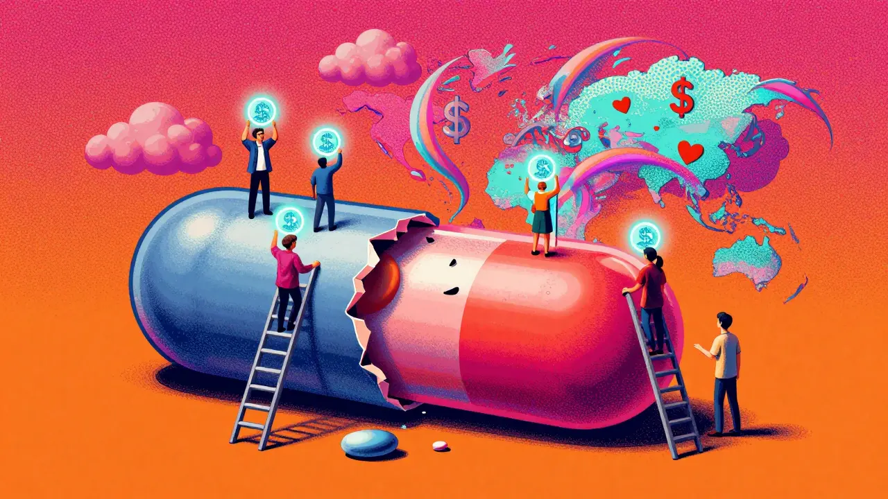 A generic pill opens to reveal the same core as a brand-name pill, with FDA inspectors and cost-saving symbols around it.