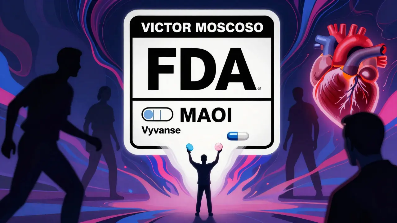 A giant FDA warning looms over a person holding dangerous drugs, with shadowy health threats in the background.