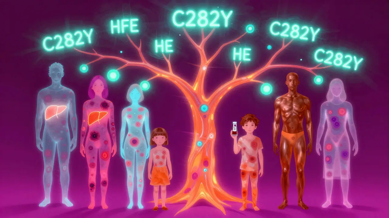 A glowing family tree showing genetic iron overload in relatives, with neon gene symbols and translucent bodies revealing internal damage.
