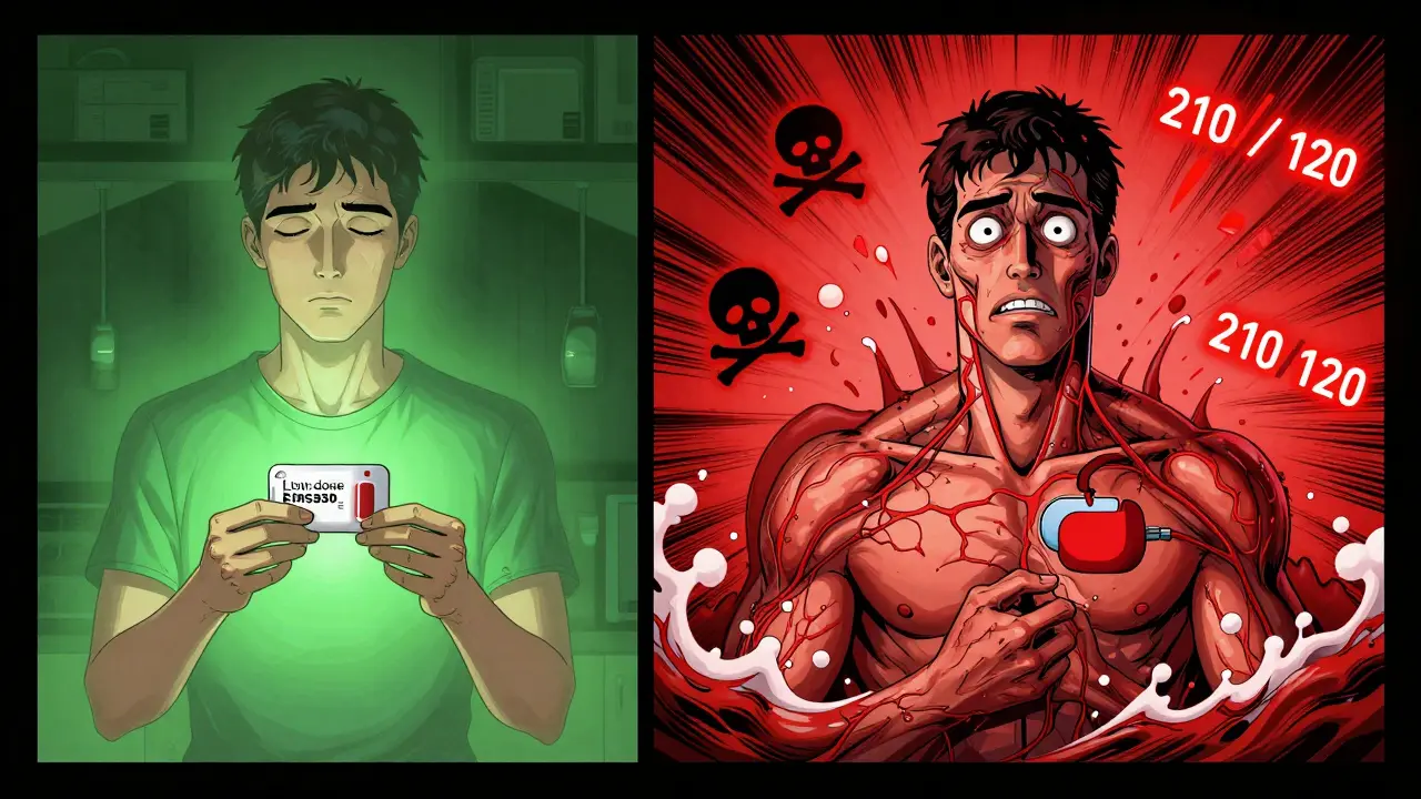 A patient experiences a violent blood pressure surge from combining MAOI patch with stimulant, shown in vivid psychedelic detail.