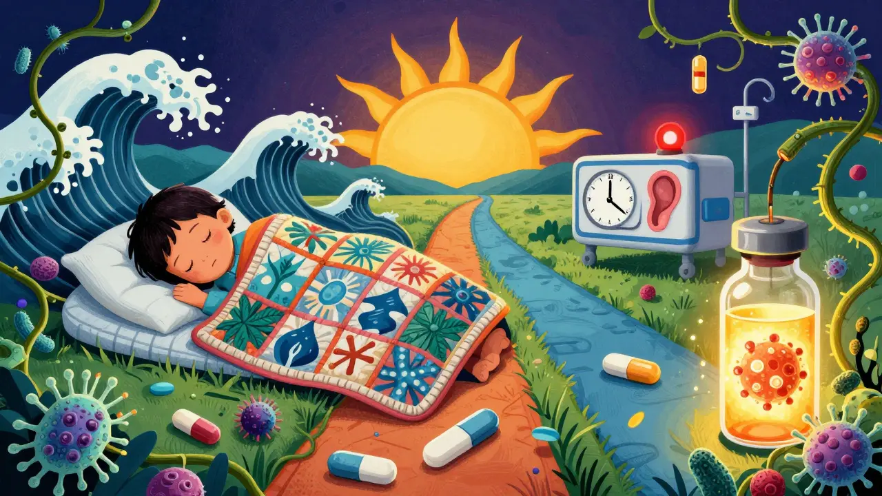 A peaceful child sleeping as two paths show watchful waiting versus emergency care, with vaccine and bacteria motifs.