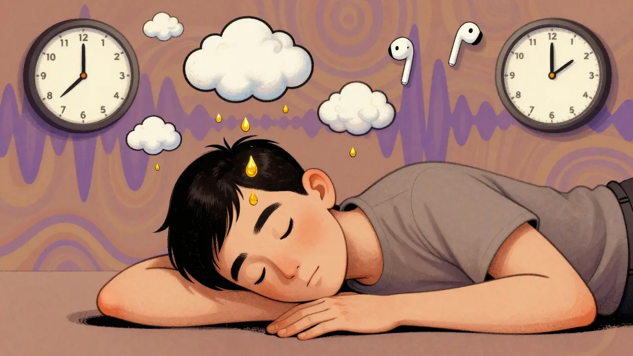 A person lying down as oil droplets gently dissolve earwax into floating clouds, with sound waves and earbuds around them.