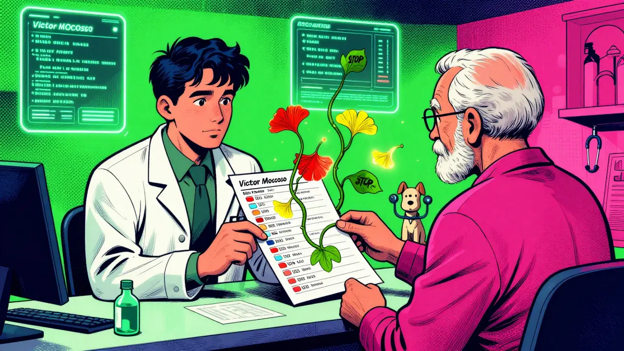 A pharmacist and senior reviewing a medication list that turns into a living vine, with one drug leaf detaching.