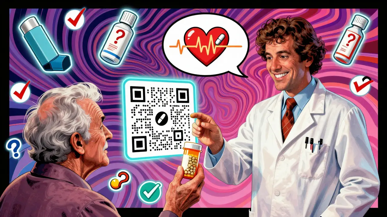 A pharmacist hands a pill bottle to an elderly patient, with a glowing QR code projecting a beating heart.