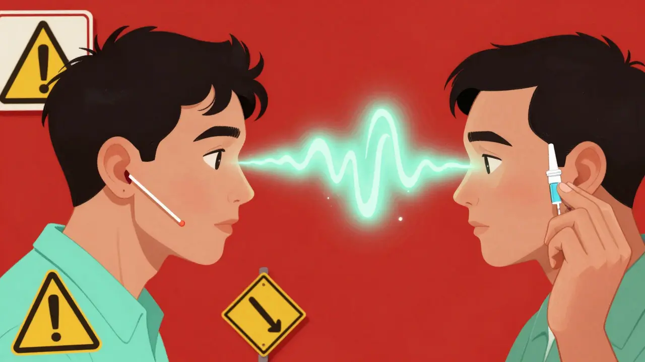 A split scene: one side shows dangerous Q-tip use, the other shows safe ear drops, with wax transforming into clear sound waves.