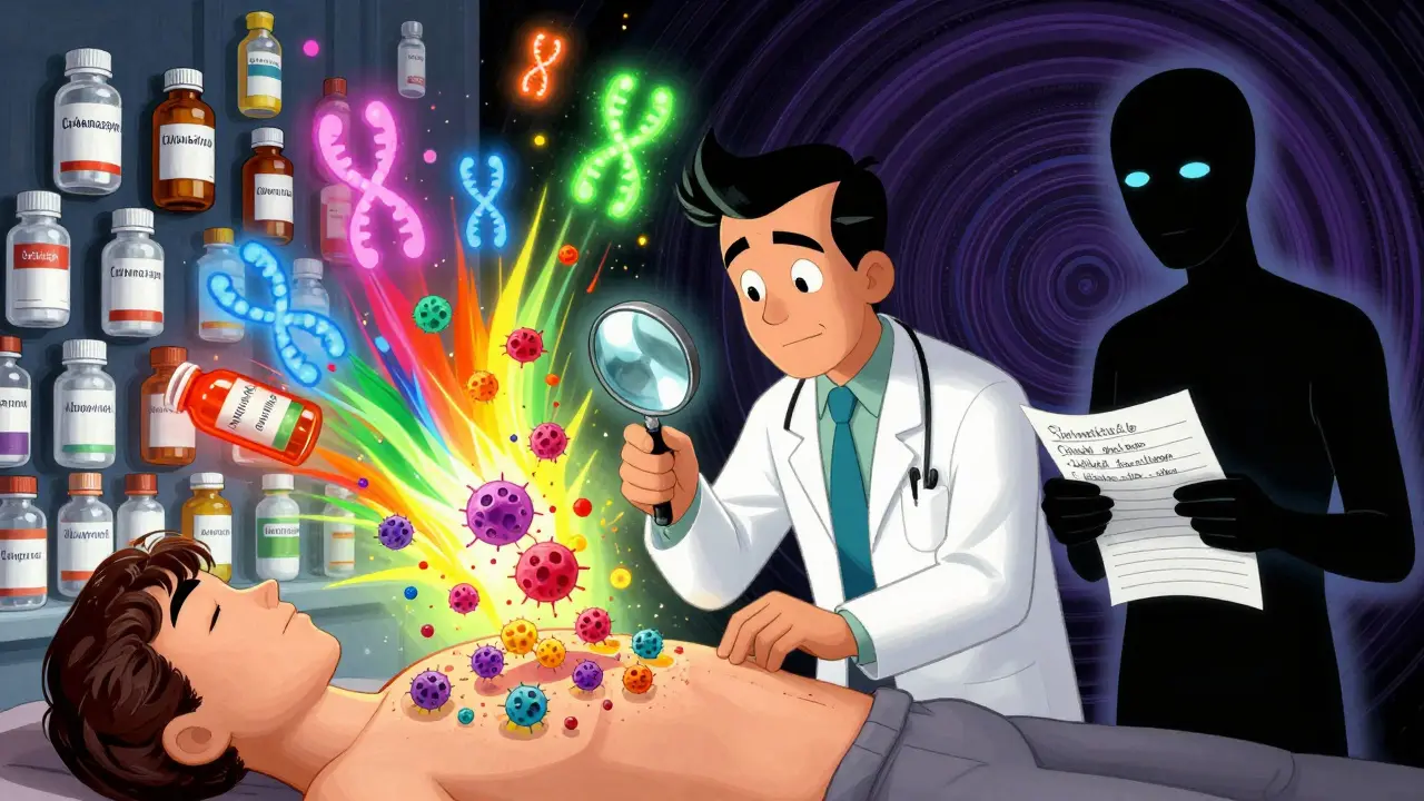 Doctor examining skin with magnifying glass revealing hidden T-cells, while drug bottles explode into fragments with genetic markers floating, and a patient holds a drug log.