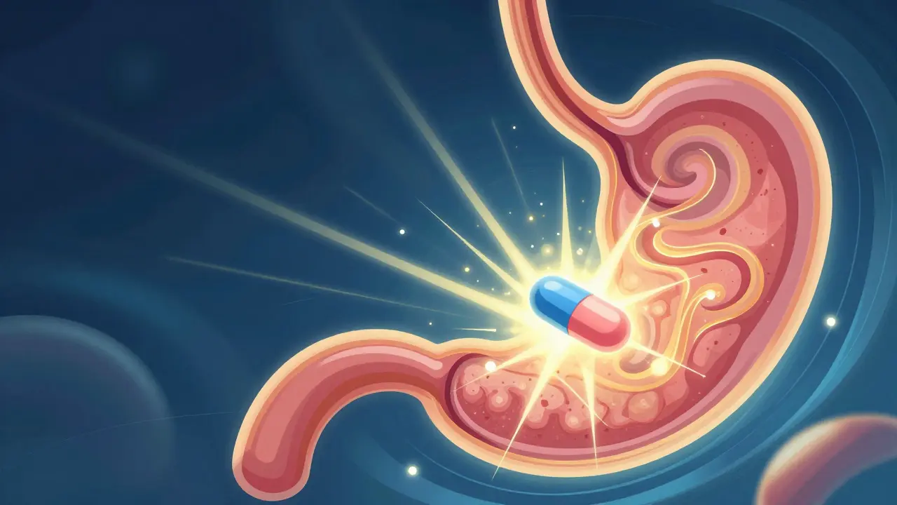 Glowing vonoprazan pill healing stomach with vibrant psychedelic energy.