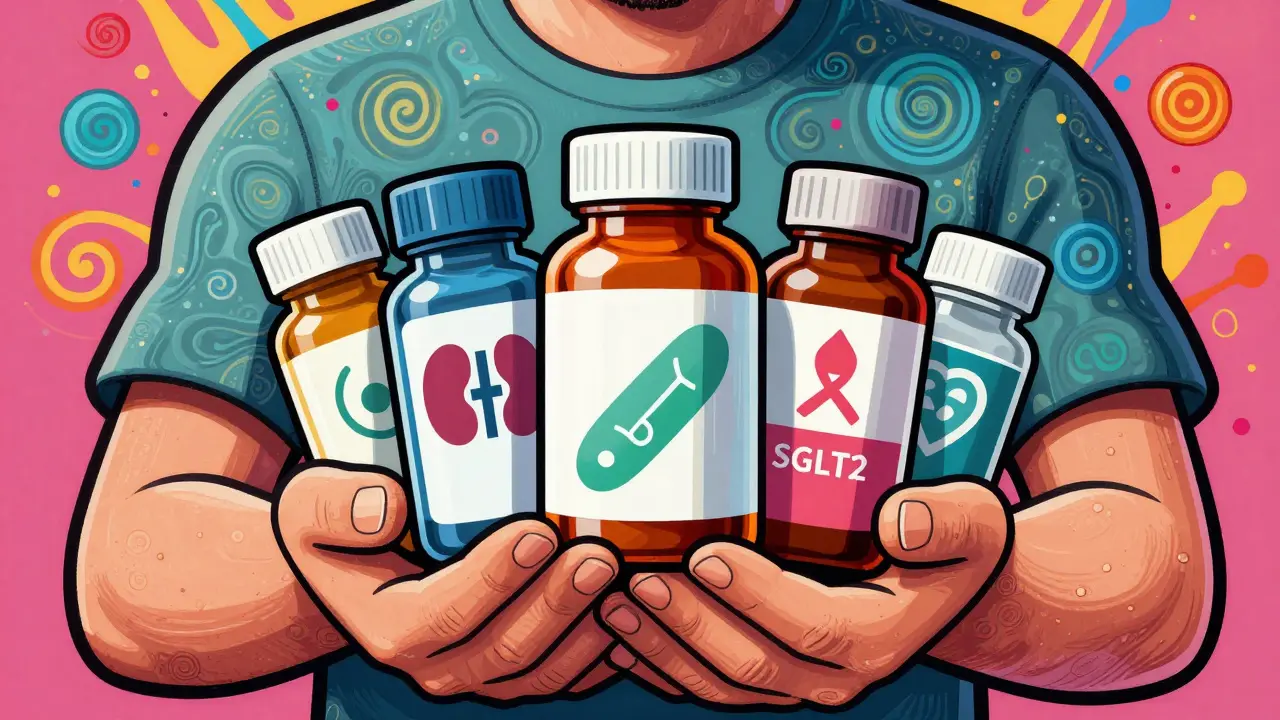 Medication bottles with symbols for diabetes drug risks