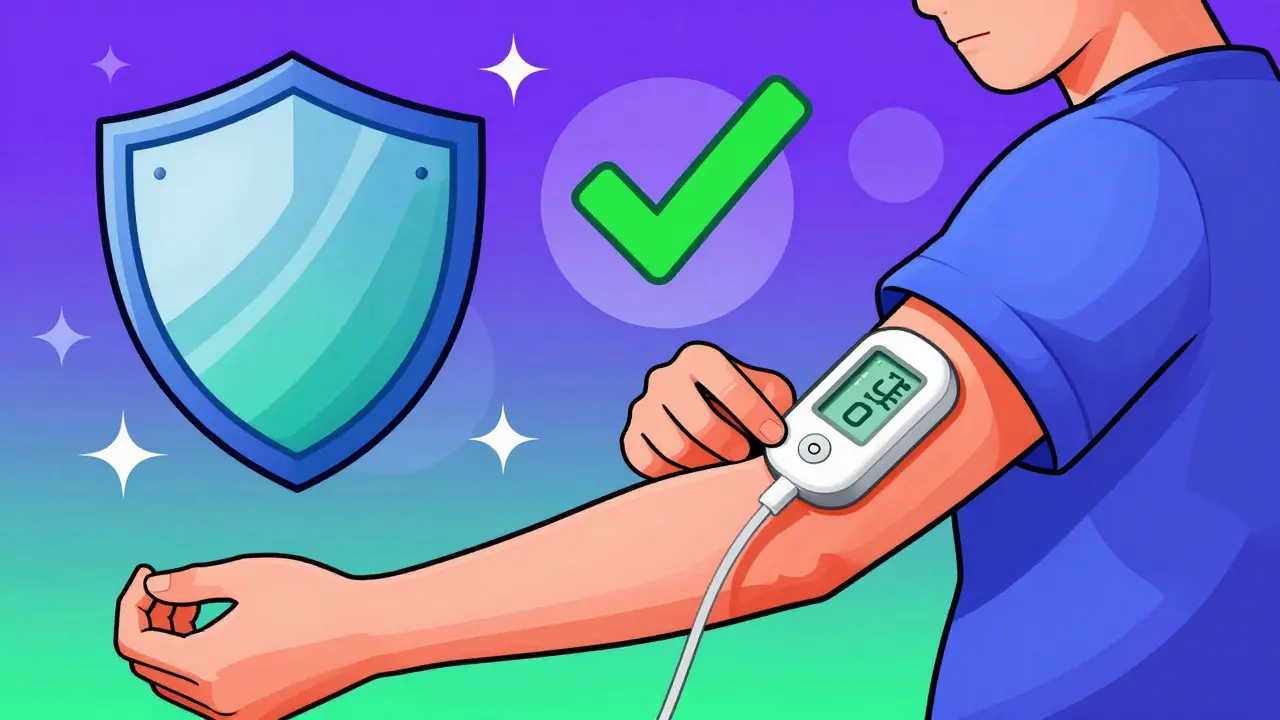 Person using insulin pump with CGM and safety symbols