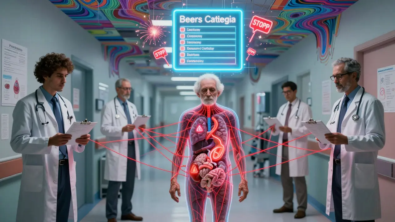 Three doctors connected by tangled prescription threads to an elderly patient with visible internal drug reactions.