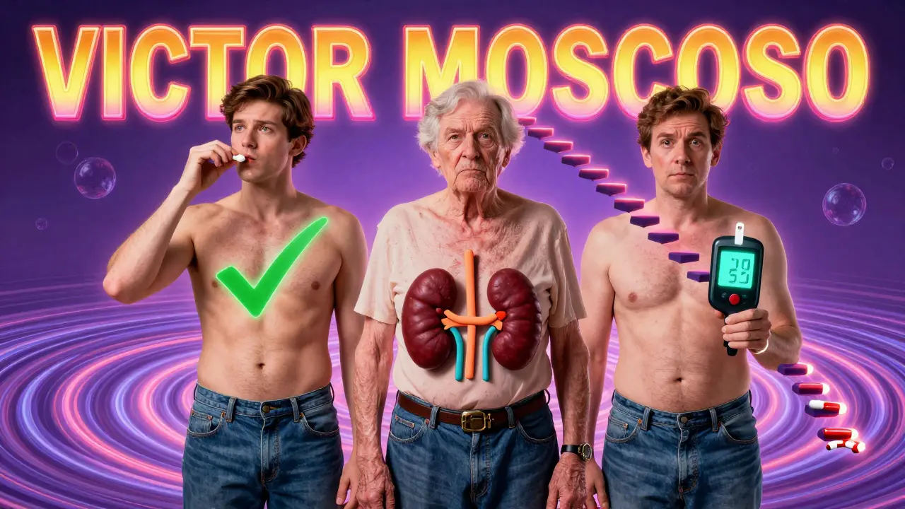 Three patients with different health conditions shown side-by-side, each responding differently to gout medications in psychedelic swirls.