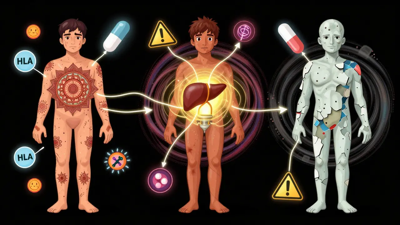 Three patients with severe drug reactions — rash, liver damage, peeling skin — all linked by threads to a single pill, surrounded by floating gene symbols and warning signs.