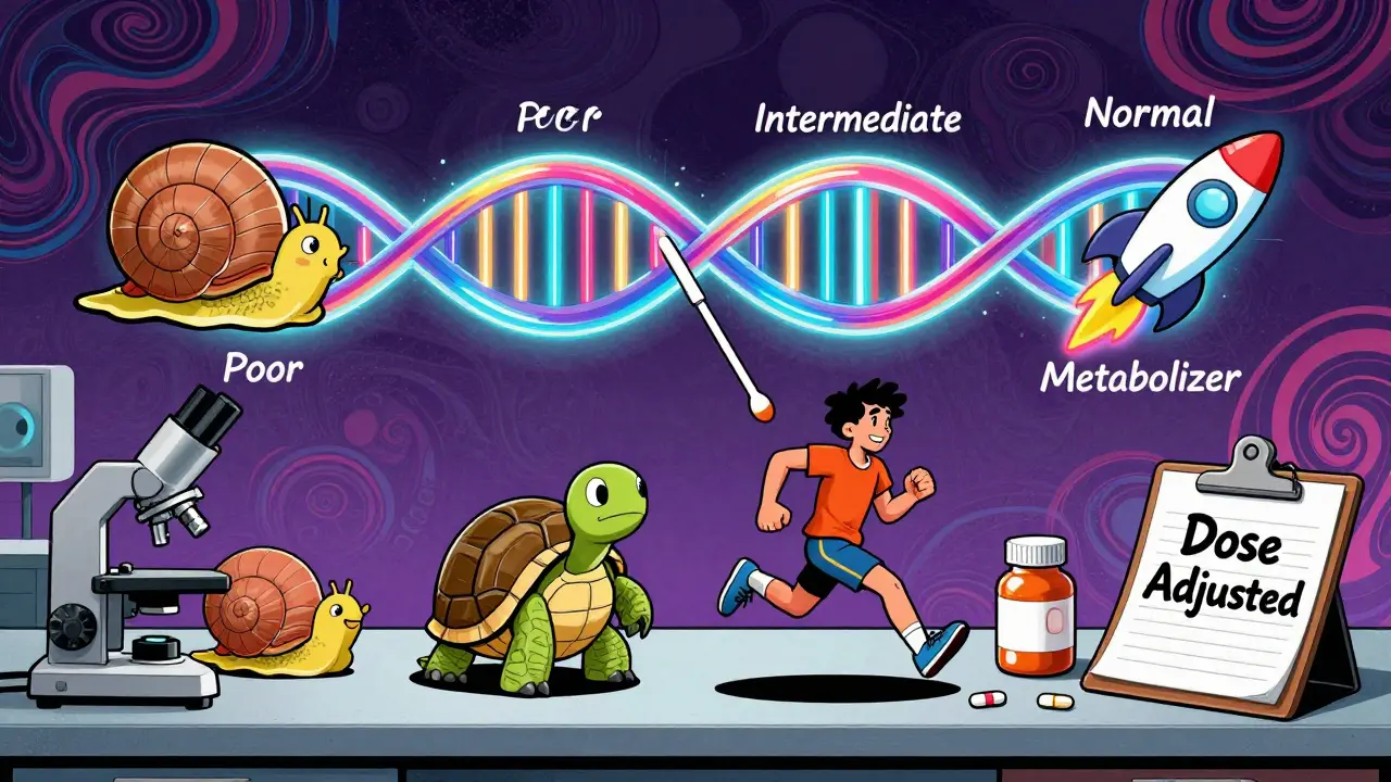 A cheek swab turning into a DNA helix splitting into four metabolizer types: snail, turtle, runner, and rocket, on a lab counter.