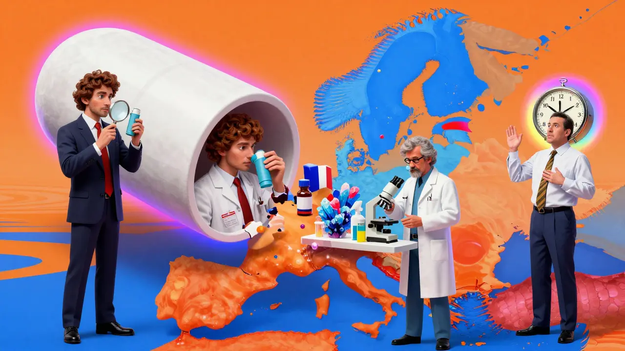 A generic pill fragmenting into national bureaucracy scenes in vibrant 1970s psychedelic style with distorted perspectives.