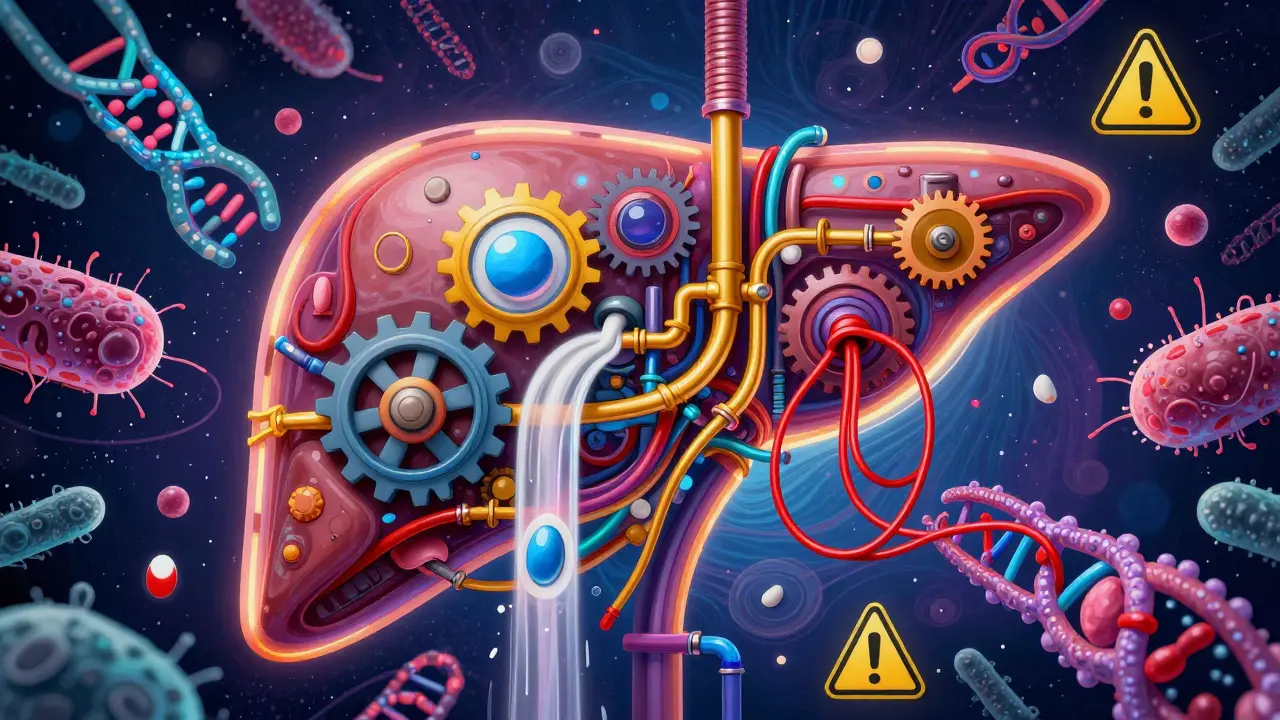 A glowing liver machine with amlodipine flowing smoothly while verapamil jams the system, in psychedelic Moscoso art.